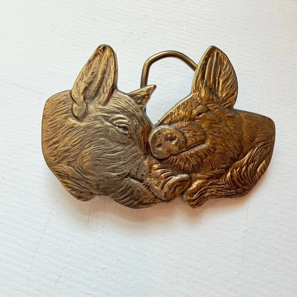 Three Brass Pig Belt Buckle